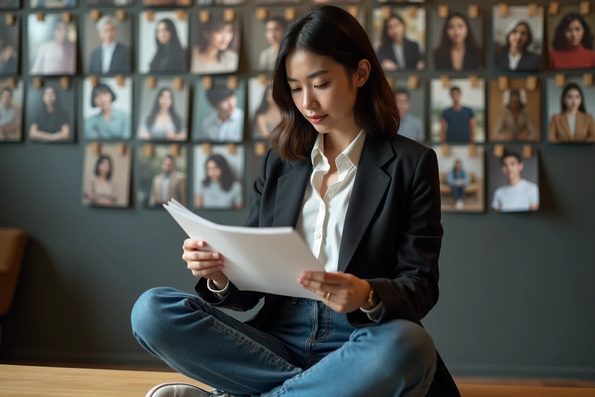 Jeune actrice asiatique lisant un script dans un studio casting