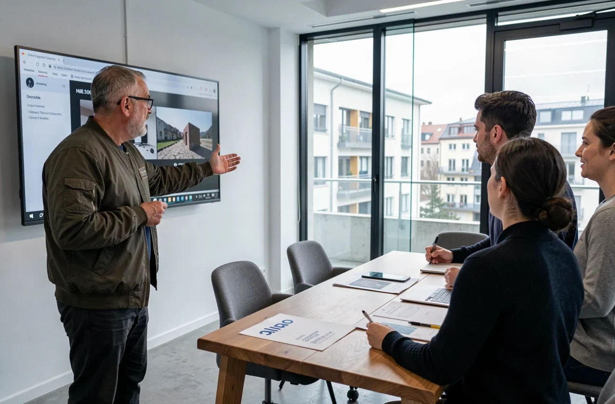 Directeur créatif d'Ademedia Création présentant un projet vidéo sur grand écran à une équipe dans une salle de réunion moderne à Grenoble
