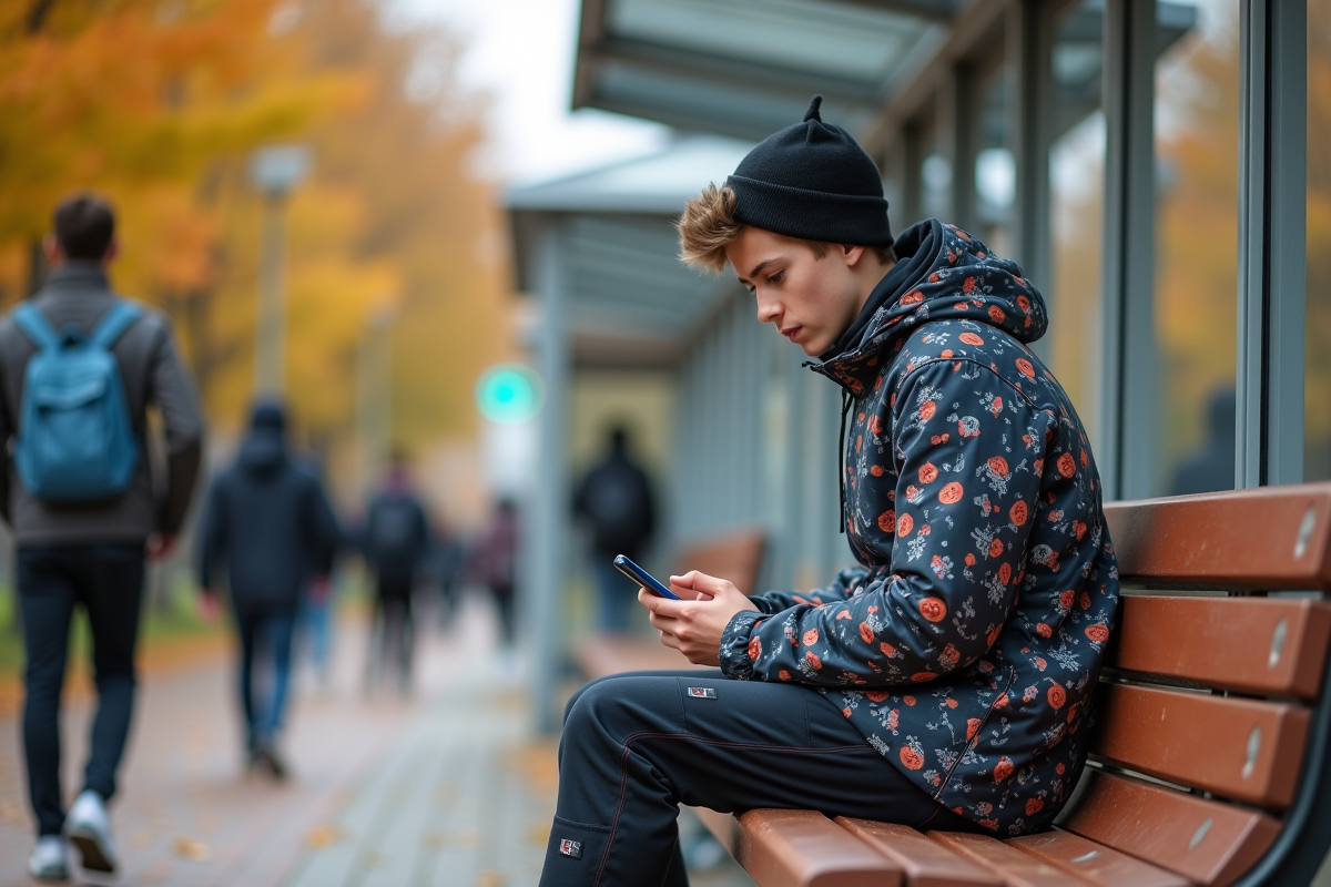 Adolescent regardant son téléphone à un arrêt de tram en automne