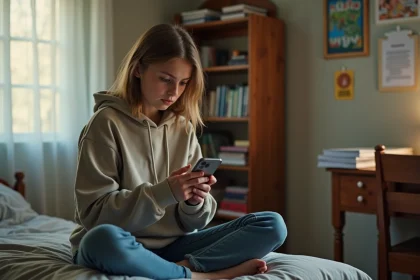 Adolescente consultant son smartphone sur son lit, illustrant l'exposition des jeunes aux contenus viraux sur TikTok et MYM