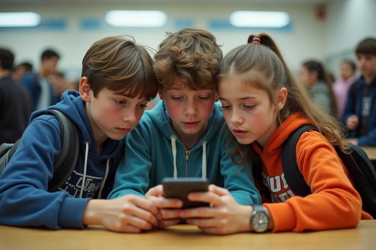 Groupe d'adolescents regardant une vidéo sur un téléphone à la cantine scolaire, représentant la diffusion virale de contenus choquants chez les jeunes