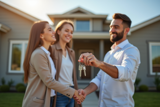 Agent immobilier souriant remettant des clés à un couple heureux devant une maison moderne