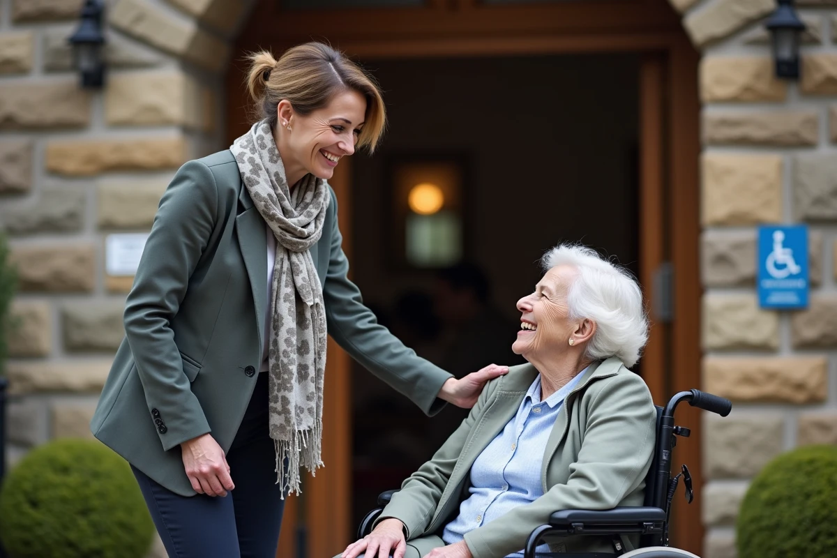 Travailleuse sociale accueillant une personne en fauteuil