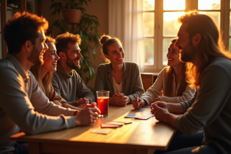 Groupe d'amis jouant à la crapette dans un salon chaleureux