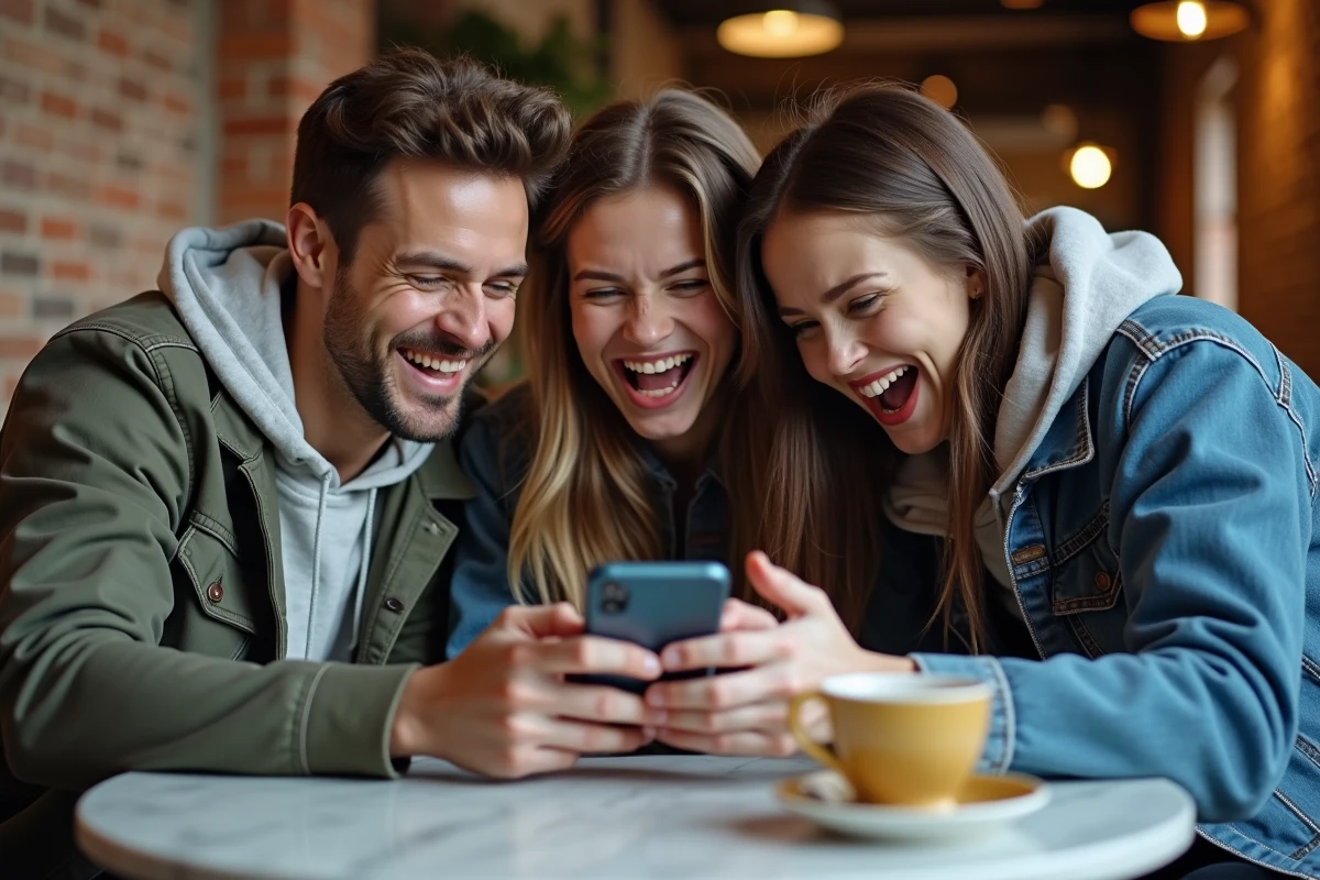 Groupe d'amis qui rient ensemble en regardant un gif anniversaire drôle sur un smartphone dans un café