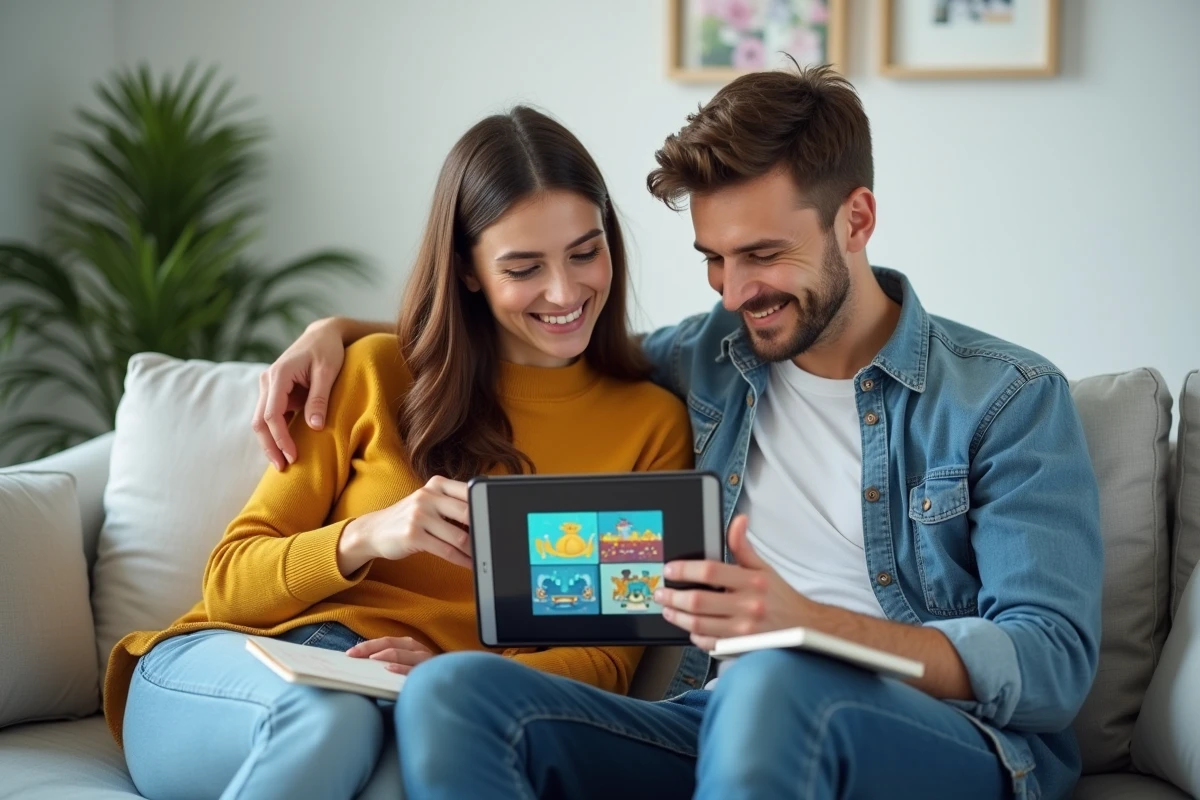 Deux amis cherchant ensemble la solution d'un jeu 4 images 1 mot de 7 lettres sur une tablette