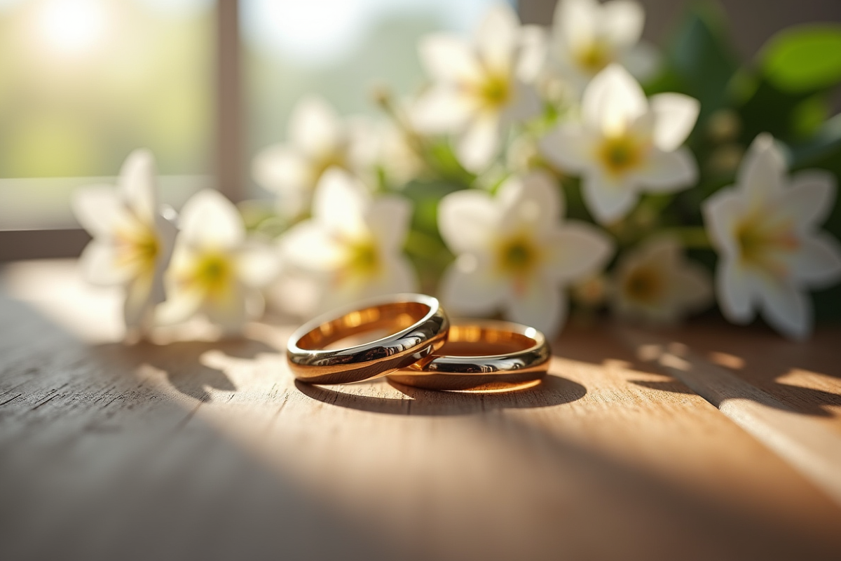 Anneaux de mariage sur une table en bois avec fleurs blanches