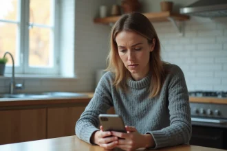 Femme regardant un appel entrant suspect avec l'indicatif +44 sur son smartphone dans une cuisine moderne