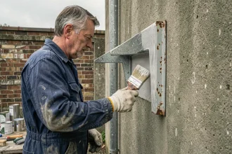 Ouvrier appliquant un primaire anticorrosion sur une cornière en L en acier galvanisé fixée sur un mur extérieur en béton
