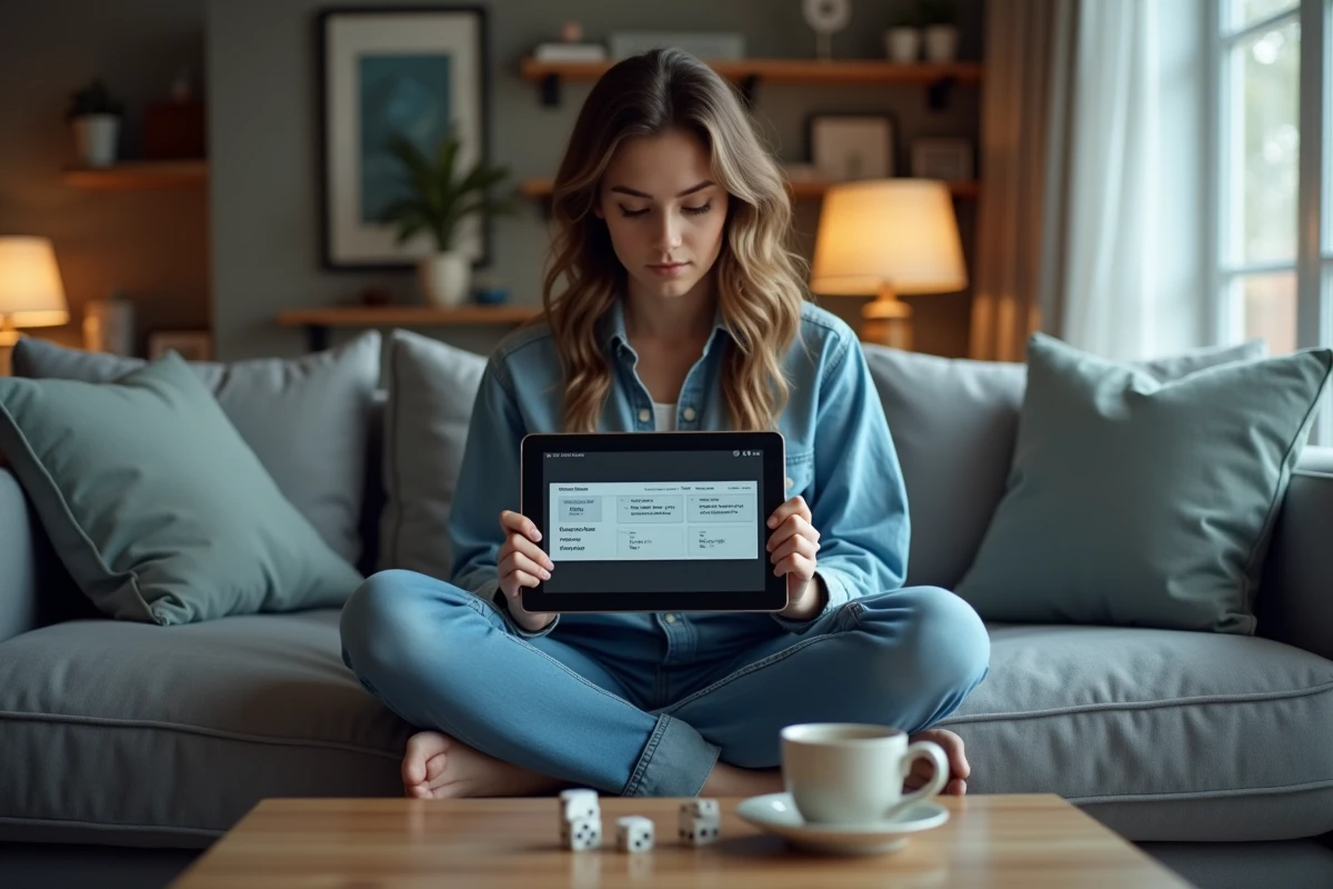 Jeune femme regardant un tutoriel vidéo sur les règles du jeu de 421 sur une tablette dans son salon