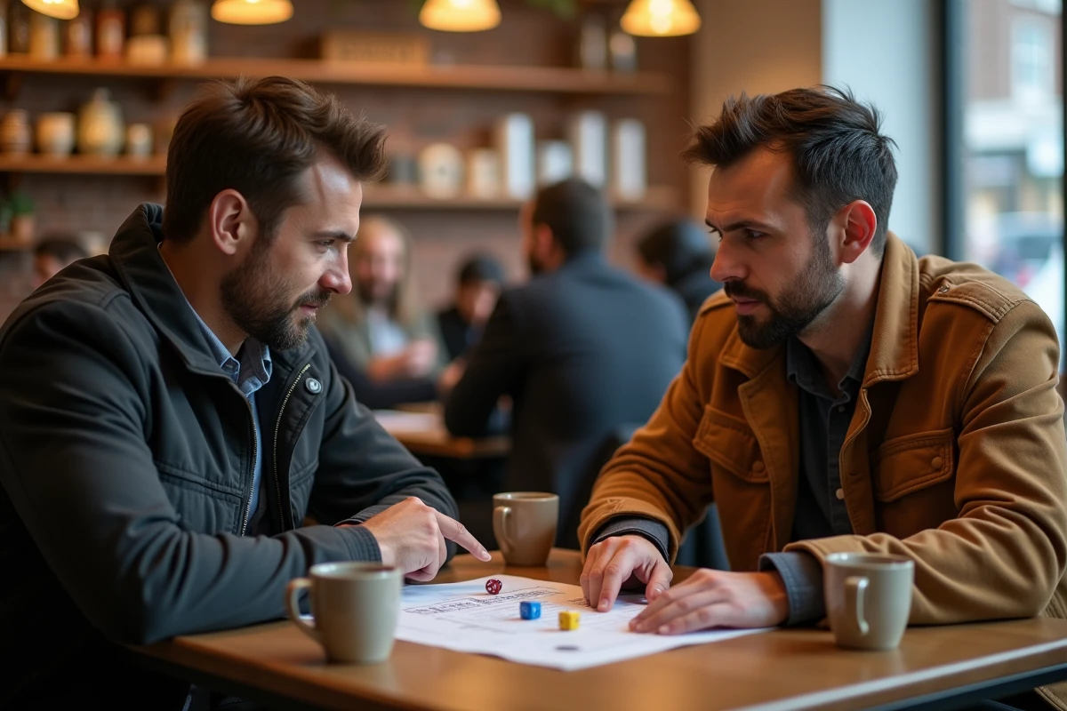 Deux amis consultant ensemble une fiche des règles du 421 autour de dés dans un café