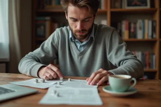 Homme lisant les règles du 421 imprimées en PDF avec des dés posés sur une table en bois
