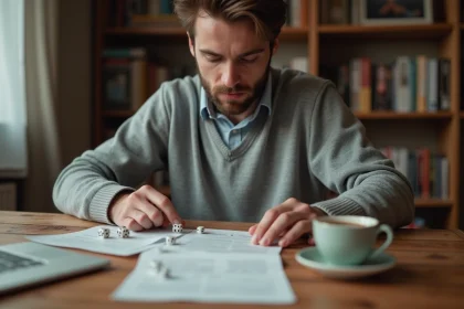 Homme lisant les règles du 421 imprimées en PDF avec des dés posés sur une table en bois
