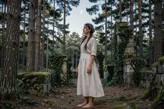 Jeune femme évoquant Artémis debout à l'orée d'une forêt de pins anciens sous un croissant de lune