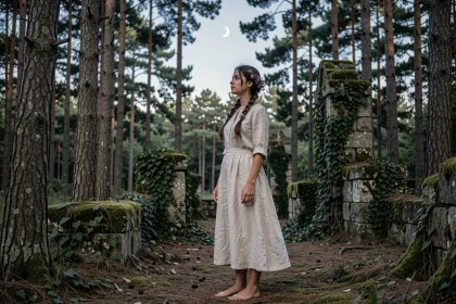Jeune femme évoquant Artémis debout à l'orée d'une forêt de pins anciens sous un croissant de lune