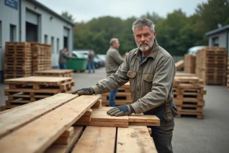 Artisan homme triant du bois dans une zone de recyclage