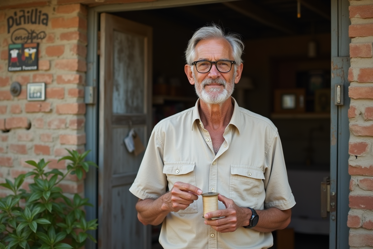 Homme avec fil recyclé devant un atelier de mode éthique en extérieur