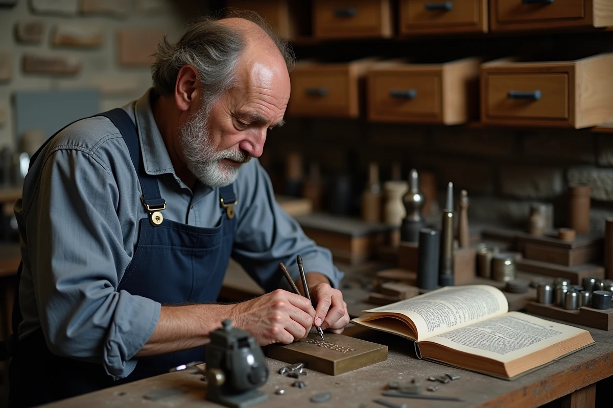 Artisan bijoutier gravant des chiffres romains sur une plaque en laiton dans son atelier
