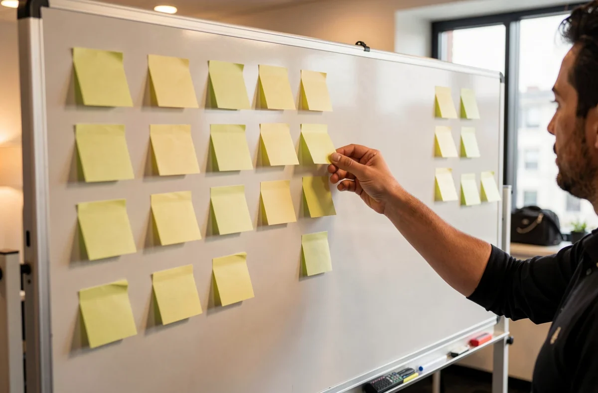 Atelier de travail avec notes adhésives organisées en cinq colonnes sur un tableau blanc