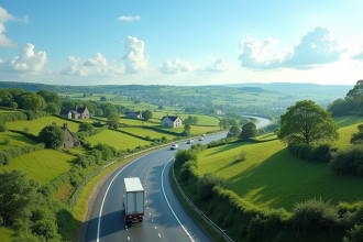 Autoroute moderne traversant la campagne bretonne verte