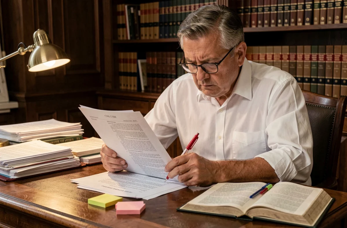 Avocat analysant un contrat juridique avec annotations en rouge dans un bureau traditionnel entouré de documents légaux