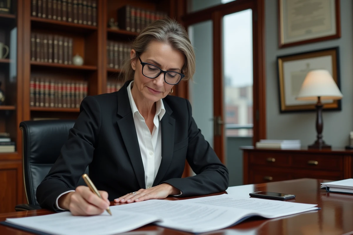 Avocate analysant des documents juridiques relatifs au harcèlement téléphonique et aux limites légales du raccrochage