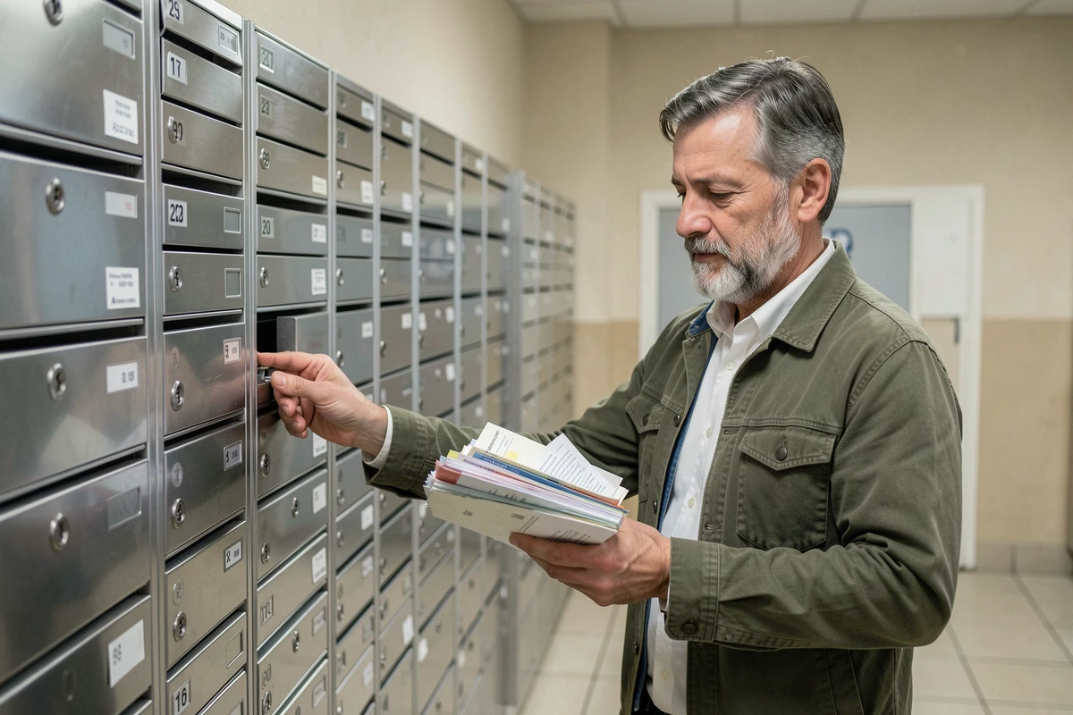 Homme consultant sa boîte postale dans un bureau de poste français avec rangées de casiers métalliques
