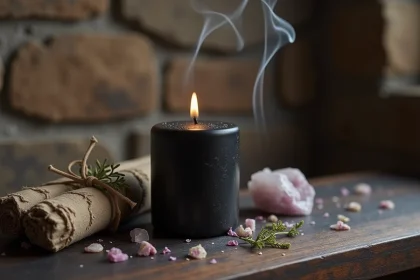 Bougie noire allumée sur un autel de spiritualité avec sauge, cristaux et pétales séchés