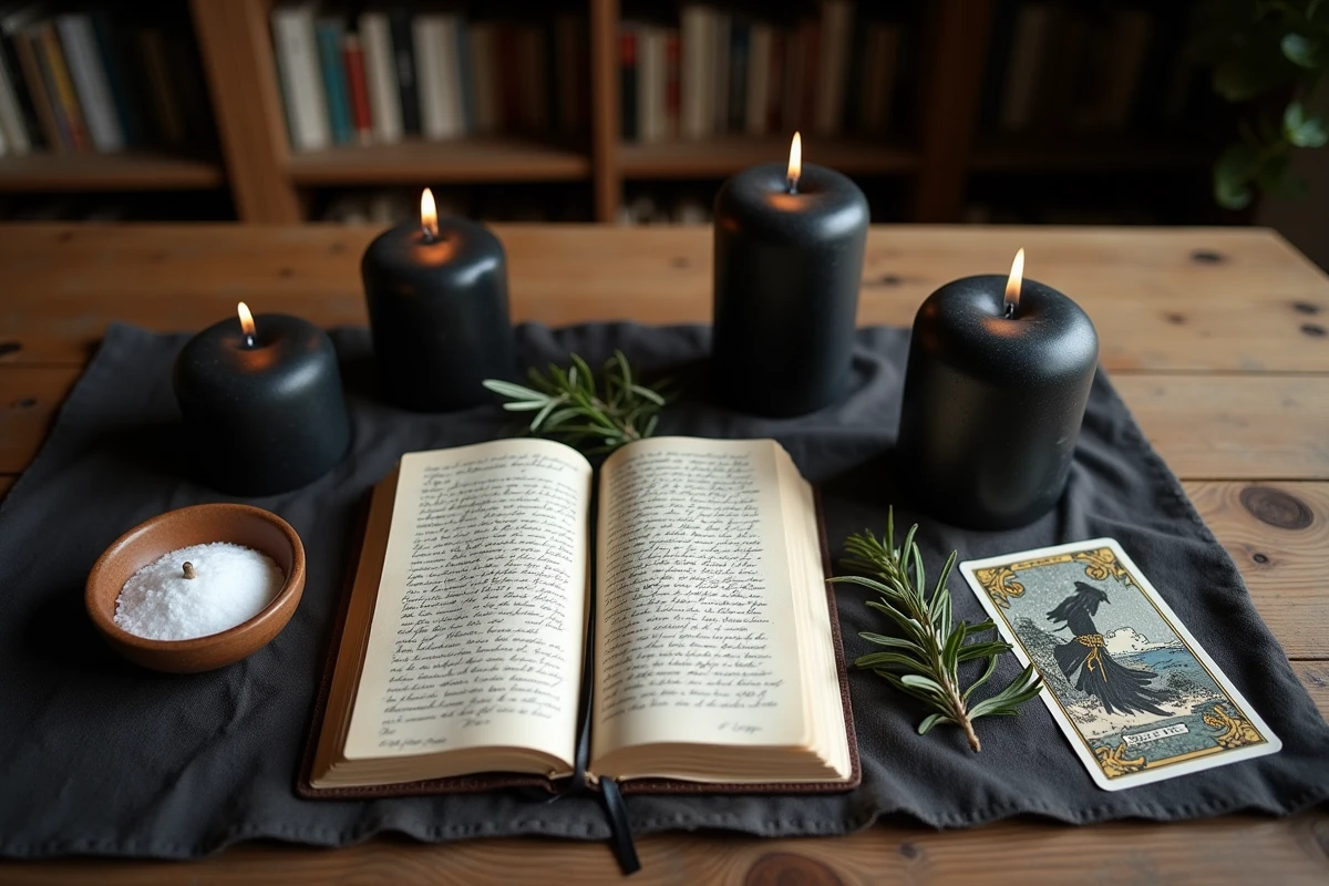 Bougies noires, journal spirituel, cartes de tarot et sel marin disposés sur une table en bois pour la spiritualité