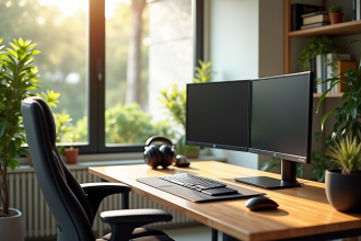 Bureau moderne avec double écran et casque audio