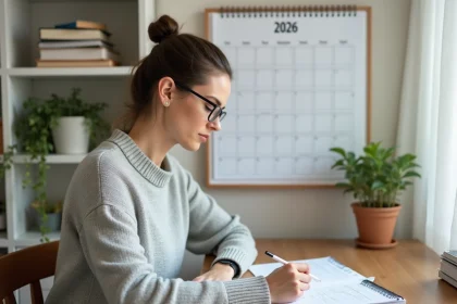 Femme organisant son calendrier 2026 avec semaines paires et impaires dans un bureau à domicile