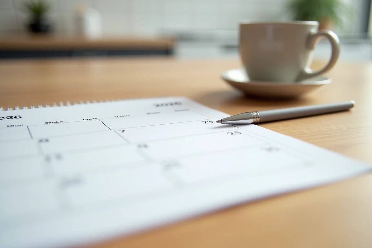Gros plan d'un calendrier imprimé 2026 avec semaines paires et impaires sur une table en bois avec café
