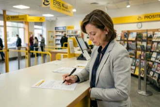 Femme remplissant un formulaire de changement d'adresse définitif au guichet de La Poste