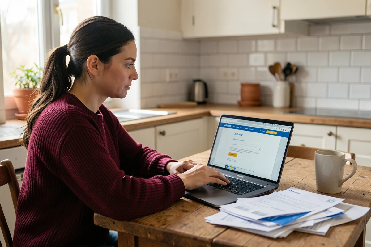 Femme gérant son changement d'adresse définitif en ligne depuis son appartement avec courrier et ordinateur