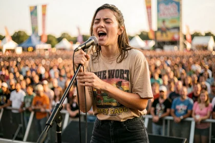Jeune chanteuse en pleine performance sur la scène principale d'un grand festival de musique estival en France