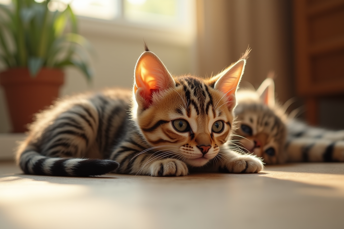 Chaton tigré avec sa mère dans une pièce ensoleillée
