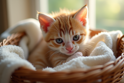 Petit chaton aux yeux larmoyants dans un panier douillet