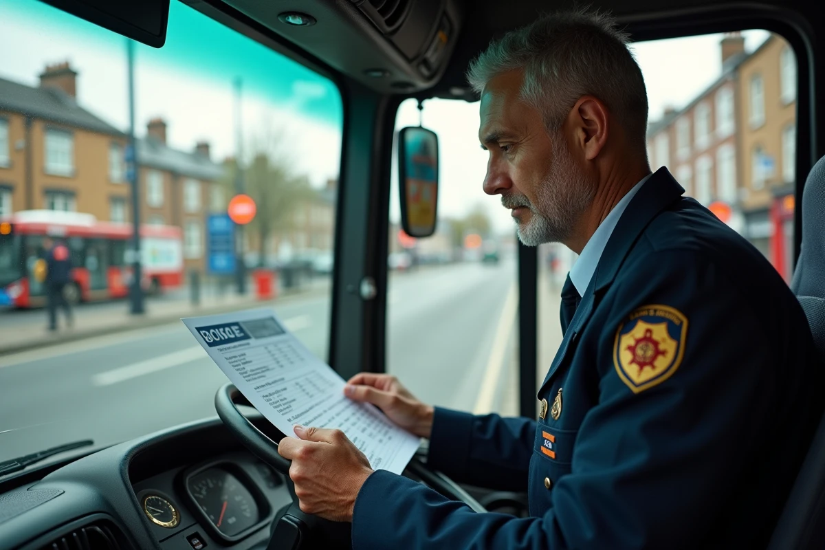 Chauffeur de bus vérifiant un horaire dans la cabine
