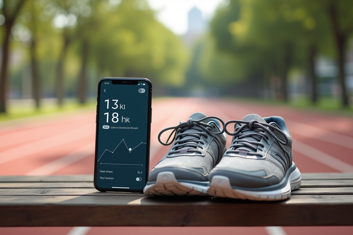 Chaussures usées et smartphone avec compteur de pas sur un banc