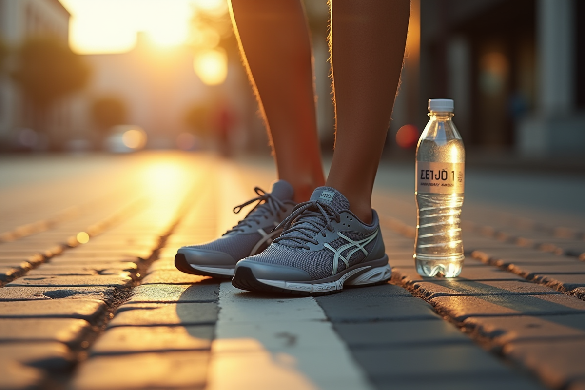 Chaussures usurees sur trottoir urbain avec bouteille d