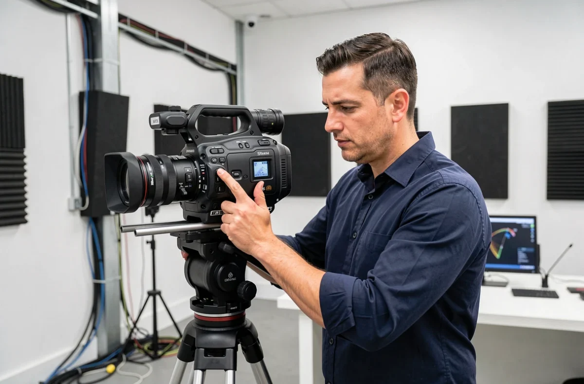Directeur vidéo de Cinedia opérant une caméra cinéma professionnelle dans un studio de production moderne