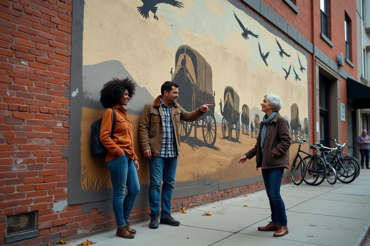 Groupe de citoyens américains contemporains discutant devant une fresque murale représentant l'expansion vers l'Ouest et la Destinée Manifeste