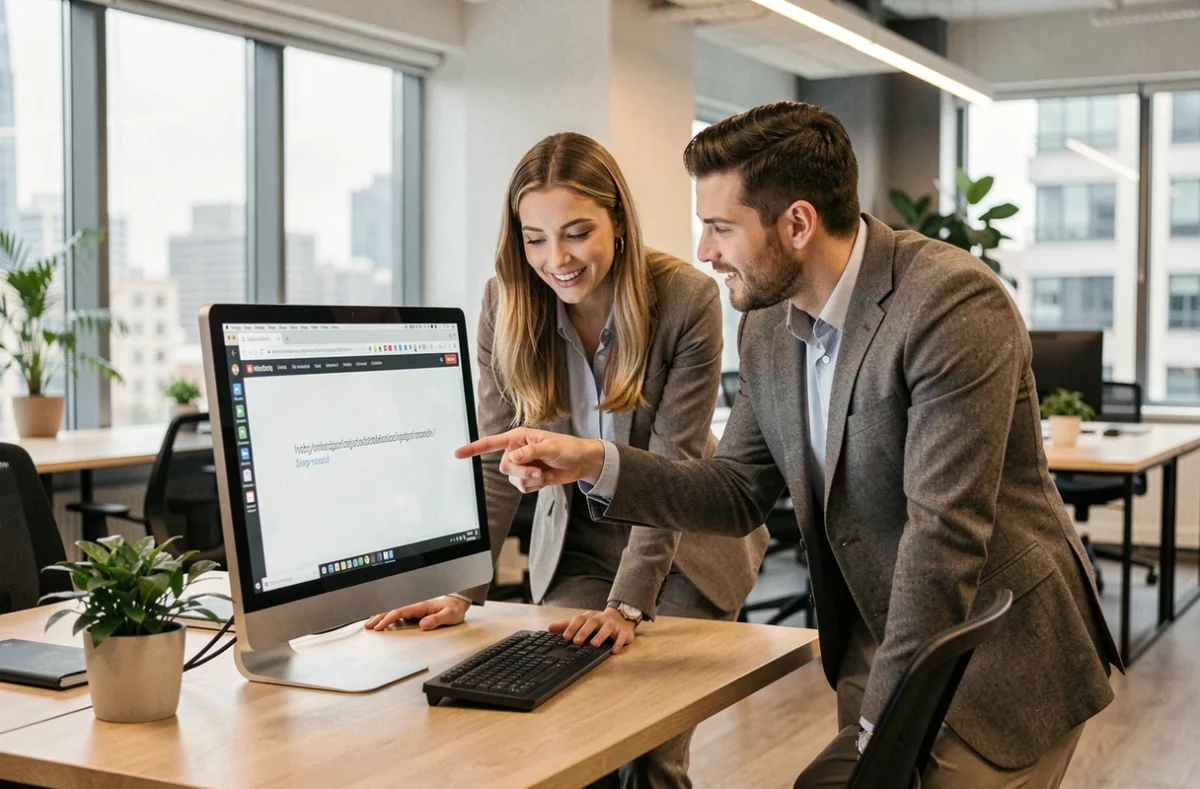 Deux collègues en open space analysant ensemble une adresse de site web sur un écran d'ordinateur