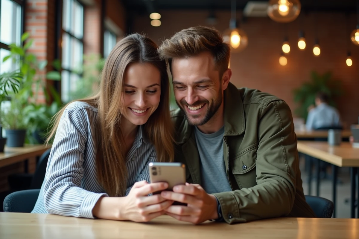 Deux collègues consultant une semaine paire 2026 sur smartphone en espace de coworking