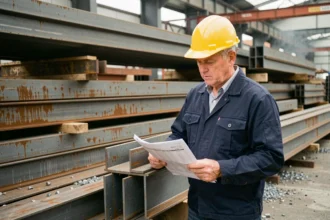 Ingénieur en structure comparant des profilés en acier S235 et S355 sur un chantier de fabrication métallique