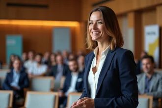 Femme confiante en conférence dans une salle moderne
