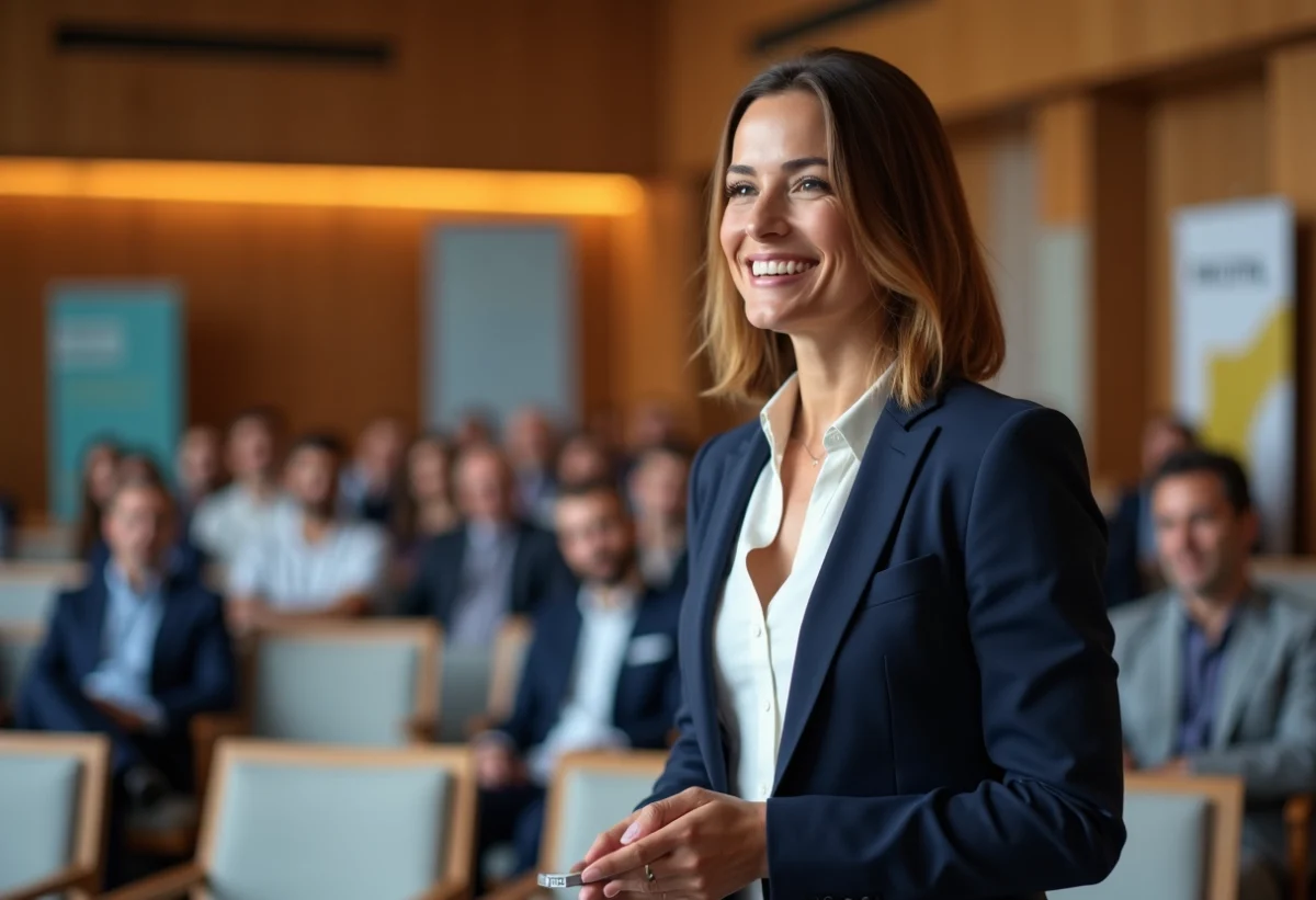 Femme confiante en conférence dans une salle moderne