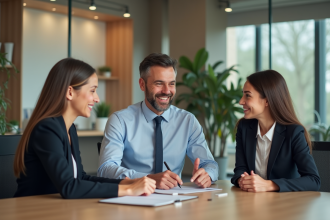 Femme conseillère bancaire avec famille dans agence moderne