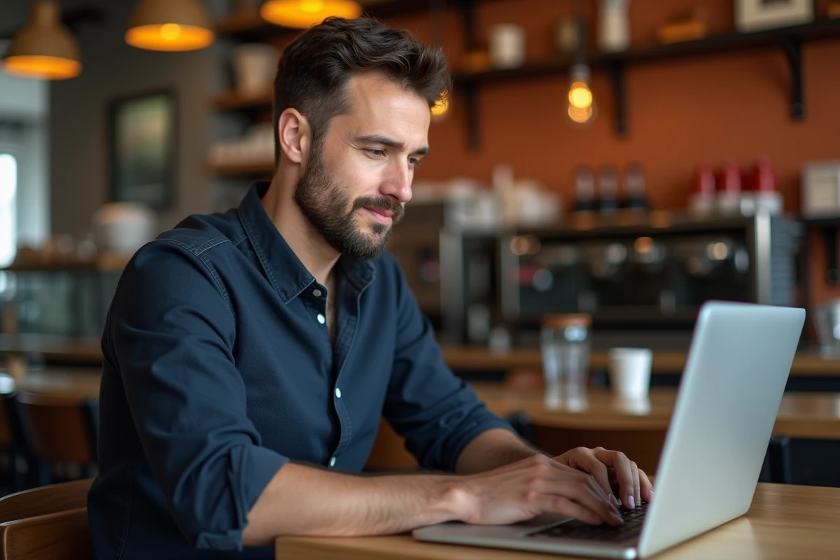 Homme utilisant un ordinateur portable pour consulter des stories Instagram de manière anonyme dans un café
