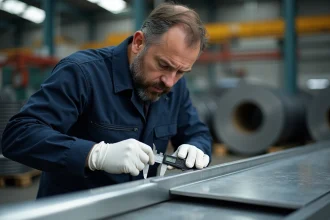 Contrôle qualité d'un profil en acier inoxydable avec un pied à coulisse dans un atelier industriel